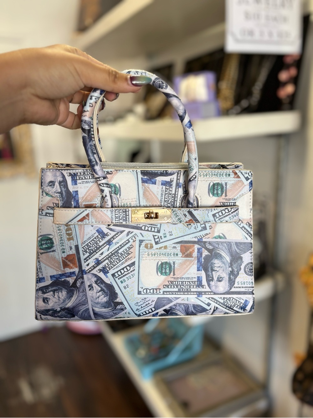 Novelty Money-Print Top Handle Bag in White and Blue